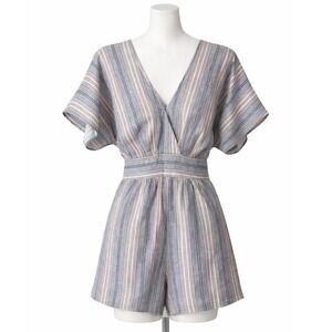 American Eagle Striped Linen Blend Romper Blue Tan V-Neck Tie Back L Long